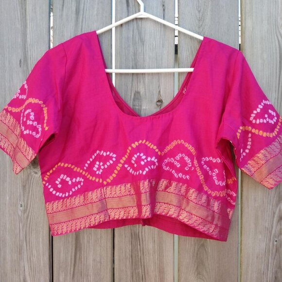 Pink Sari Skirt Choli Blouse Set Batik Yellow Gold 40"B 34"W Lehanga - Picture 3 of 10